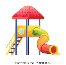 Single slide tower with roof and spiral slide. Vector cartoon illustration