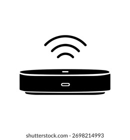 Un solo icono de altavoz inteligente renderizado en negro sólido, que indica una conexión inalámbrica con una onda de señal. Aislado en un fondo blanco liso