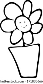 Single smiling Daisy flower in a pot hand drawn on a white background. For design, printing and card.  Isolated object.