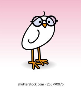 Single Smiling White Chick Wearing Round Black Rimmed Spectacles Turning Head towards camera on Pink Background