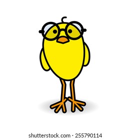 Single Smiling Yellow Chick Wearing Round Black Rimmed Spectacles Staring towards camera on White Background