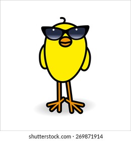 Single Smiling Yellow Chick Wearing Ladies Black Rimmed Sunglasses Staring towards camera on White Background