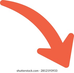 A single, smoothly curved arrow in a vibrant orange color, pointing downwards. The arrow starts from the upper left and arcs gracefully towards the lower right, with a distinct arrowhead indicating the direction of movement. The is flat and minimalist, with clean lines. The background is solid white, isolating the arrow as a clear This symbol commonly downward movement, decrease, or a specific direction in digital interfaces and charts.