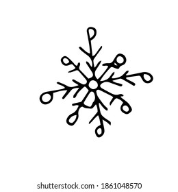 Single snowflake in Doodle style isolated on a white background. The snowflake icon is hand-drawn. Christmas sketch. For new year's design and decor