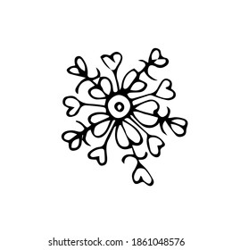 Single snowflake in Doodle style isolated on a white background. The snowflake icon is hand-drawn. Christmas sketch. For new year's design and decor