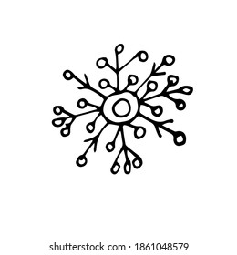 Einzelne Schneeflocke im Doodle-Stil einzeln auf weißem Hintergrund. Das Schneeflockensymbol ist handgezeichnet. Weihnachtskizze. Design und Dekor für das neue Jahr
