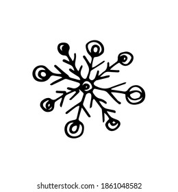 Single snowflake in Doodle style isolated on a white background. The snowflake icon is hand-drawn. Christmas sketch. For new year's design and decor