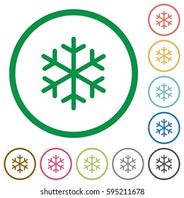 Single snowflake flat color icons in round outlines on white background
