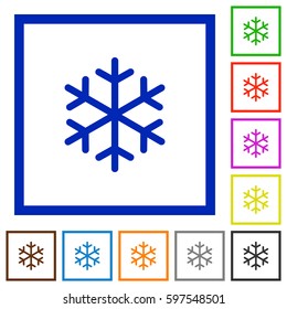 Single snowflake flat color icons in square frames on white background