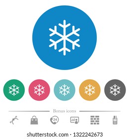 Single snowflake flat white icons on round color backgrounds. 6 bonus icons included.