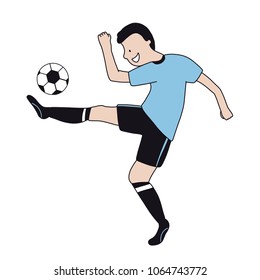 Single soccer player of the football team of Uruguay kicking a football ball. Footballer Vector Isolated white background.