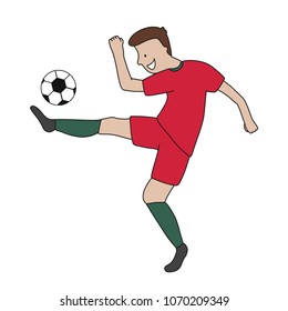 Single soccer player of the football team of Portugal kicking a football ball. Footballer Vector Isolated white background.