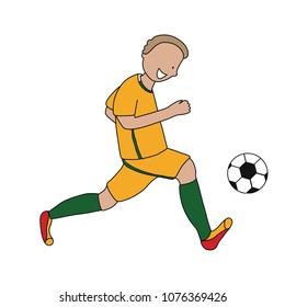 Single soccer player of the football team of Australia kicking a football ball. Footballer Vector Isolated white background.