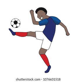Single soccer player of the football team of France kicking a football ball. Footballer Vector Isolated white background.