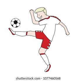 Single soccer player of the football team of Denmark kicking a football ball. Footballer Vector Isolated white background.
