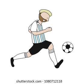 Single soccer player of the football team of Argentina kicking a football ball. Footballer Vector Isolated white background.