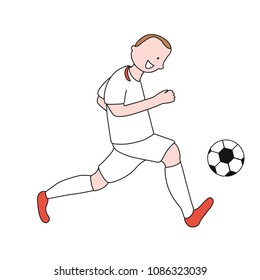 Single soccer player of the football team of England kicking a football ball. Footballer Vector Isolated white background.