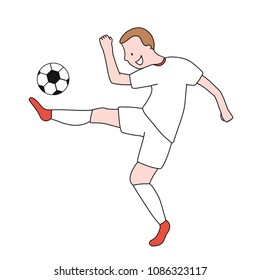 Single soccer player of the football team of England kicking a football ball. Footballer Vector Isolated white background.