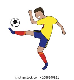 Single soccer player of the football team of Colombia kicking a football ball. Footballer Vector Isolated white background.