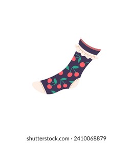 Single sock with cherry pattern and ruffle. Unpaired odd garment with print. Isolated hand drawn vector illustration.