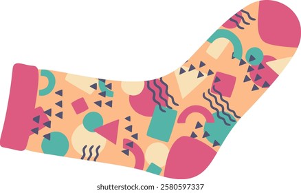 Single sock laying horizontally showing a colorful geometric memphis design with various triangles, circles, squares and wavy lines, evoking eighties fashion trends