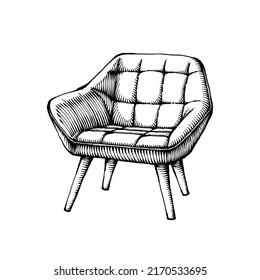Single Sofa, Lounge Chair, Hand Drawn Furniture Illustration