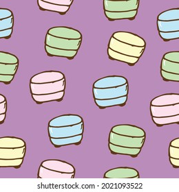 single sofa, round shape illustration on purple background. hand drawn vector. seamless pattern. home design interior. soft and comfortable. doodle art for wrapping paper, wallpaper, backdrop, fabric.