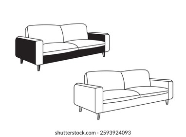Single Sofa vectors, An editable stroke illustration of a sofa, drawn with a single continuous line. This hand-drawn contour sketch depicts a modern living room interior with a divan, presented.