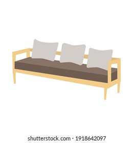 Einzelnes Sofa mit Holzrahmen, Kissen einzeln auf Weiß. Möbel für Café, Restaurant, Terrasse.