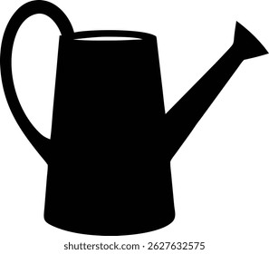 A single, solid black silhouette shows a watering can used for gardening. The equipment has a curved handle and a long spout for pouring water, set on white.