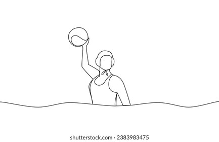 Single solid drawing of a woman athlete in the water with a ball. Water polo. One line vector illustration