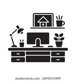 Um único ícone sólido representando um trabalho da configuração doméstica. O objeto é claramente isolado em um fundo branco limpo.