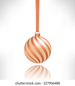 Single spiral Christmas ball hanging on piece of fabric with reflection on grayscale background