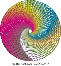 A single spiral pattern centers from the outside in, forming a perfect circle. The pattern consists of a circular eight-pointed star symbol with depth effects and rainbow color gradations