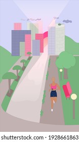 Single Sportive Women Running on the Alley in the City Square in the Yearly Morning. City Buildings at the Background. Sun Rising and Spreading the Light.