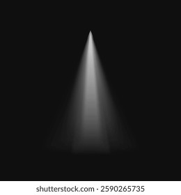 A single spotlight beam shines in darkness. Spotlight creates dramatic effect. Spotlight beam is focused and intense. Spotlight in dark environment. Light effect vector.