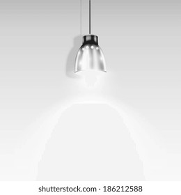 Single Spotlight Illuminating White Wall.. Vector Illustration.