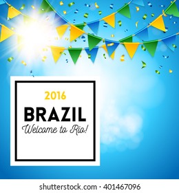 Single square 2016 Brazil Welcome to Rio background icon over sky blue gradient with party streamers and strings of triangular flags