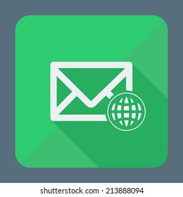 Single square flat icon for web applications, email icons design. Envelope with globe. Vector illustration.