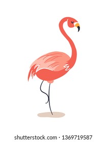 Single standing flamingo in coral colors. Vector illustration in hand drawn style. Isolated on white.