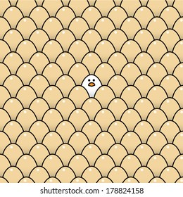 Single Staring White Chick Surrounded by Brown Eggs - Vector
