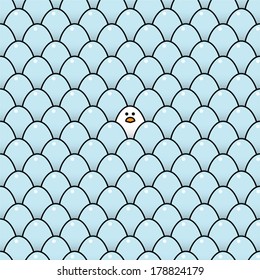 Single Staring White Chick Surrounded by Many Blue Eggs - Vector