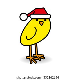 Single Staring Yellow Chick wearing Red Santa Hat turning head towards camera on White Background