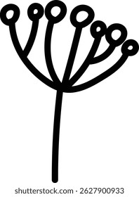 Um único tronco com flores redondas é retratado em um estilo ousado, desenhado à mão.  A imagem mostra uma planta com vários botões arredondados em seu pico. Ilustração de vetor de desenhos animados