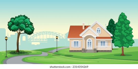 Single story house with garden and road blue sky . royal living layout style. plot single road trees and light pole 