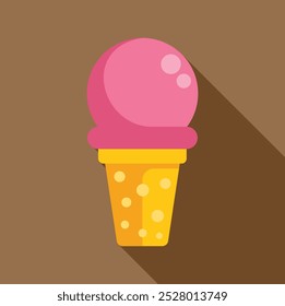 Single strawberry ice cream scoop resembling a big pink bubblegum ball is standing on waffle cone with chocolate glaze on brown background