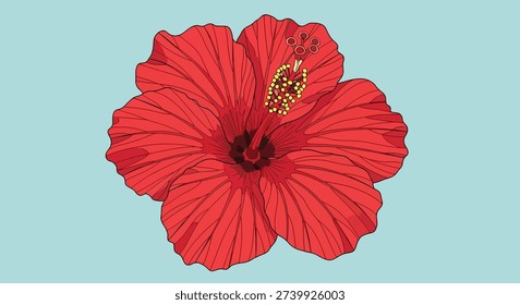 A single, striking red hibiscus flower with intricate petals and a prominent stamen, set against a soft, light blue background.