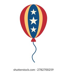 A single striped balloon with red, blue, and gold sections features three white stars and a curved blue string on a light gray background.
