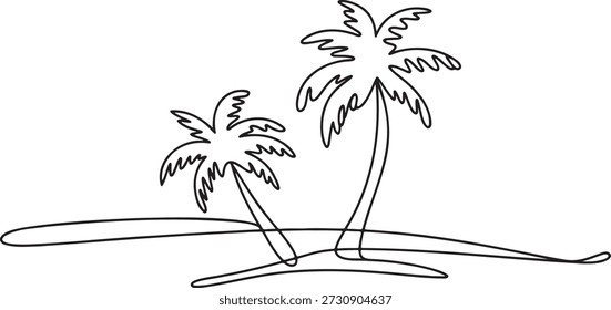 Single stroke art depicting two tropical palm trees leaning over sandy ground representing island vacation nature scene minimalist sketch