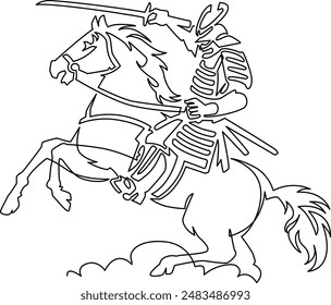 A single stroke illustration of a mounted warrior riding a horse in a standing position.